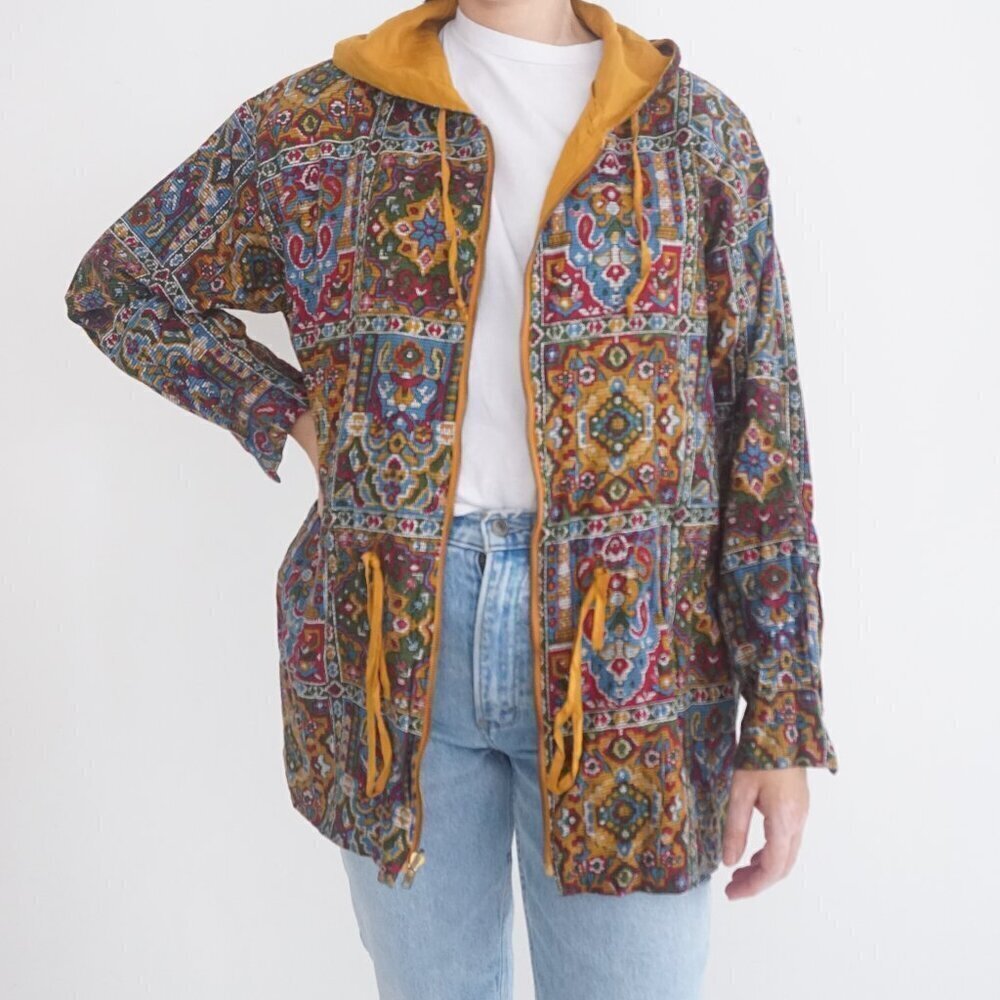 Vintage Fashion Passport Parisian Paisley Print Zip Up Lightweight Jacket Hood S